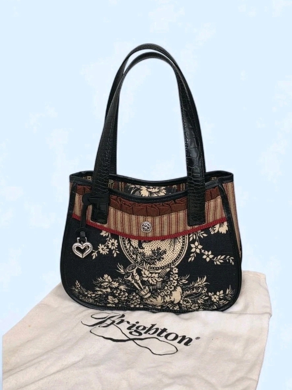 Brighton Floral Tapestry Canvas Shoulder Bag Black Leather Trim Heart Charm